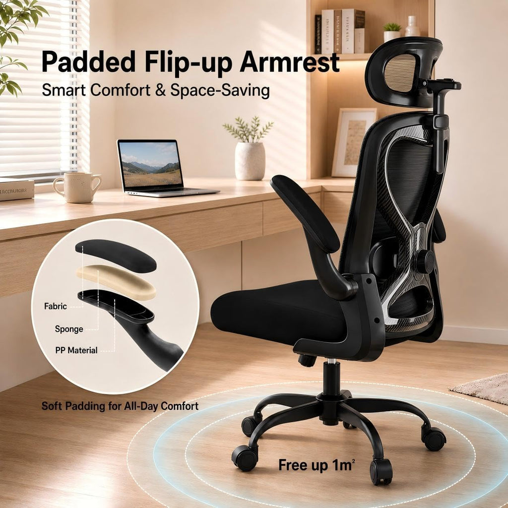 Home Office Desk Chairs, Ergonomic with Lumbar Support & 3D Headrest, Computer Desk Chair with Flip-up Armrests