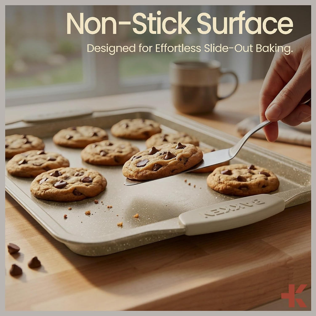 Deluxe 8-Piece Carbon Steel Bakeware Set - Nonstick White Marble Coating, Silicone Handles - Professional Quality