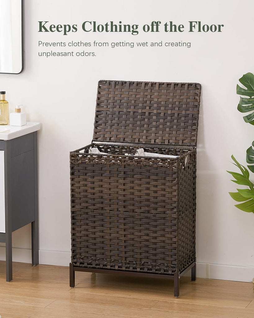 Laundry Hamper with Lid, 29.6 Gal 2-Bag Clothes Sorter, Brown | 112L 2-Section PE Rattan Hamper with Lid, Metal