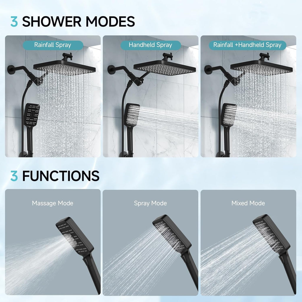 Rain Shower Head with Handheld Spray Combo Set, Adjustable 12" Rainfall Dual Shower Head, Double&Tandem Shower Head