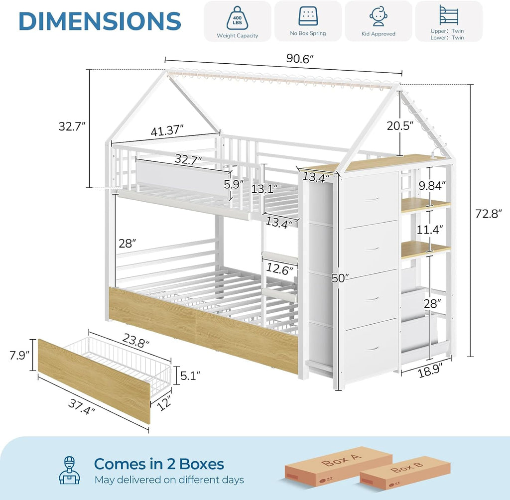 Twin Bunk Bed for Kids with 6 Storage Drawers, Montessori Bookshelf