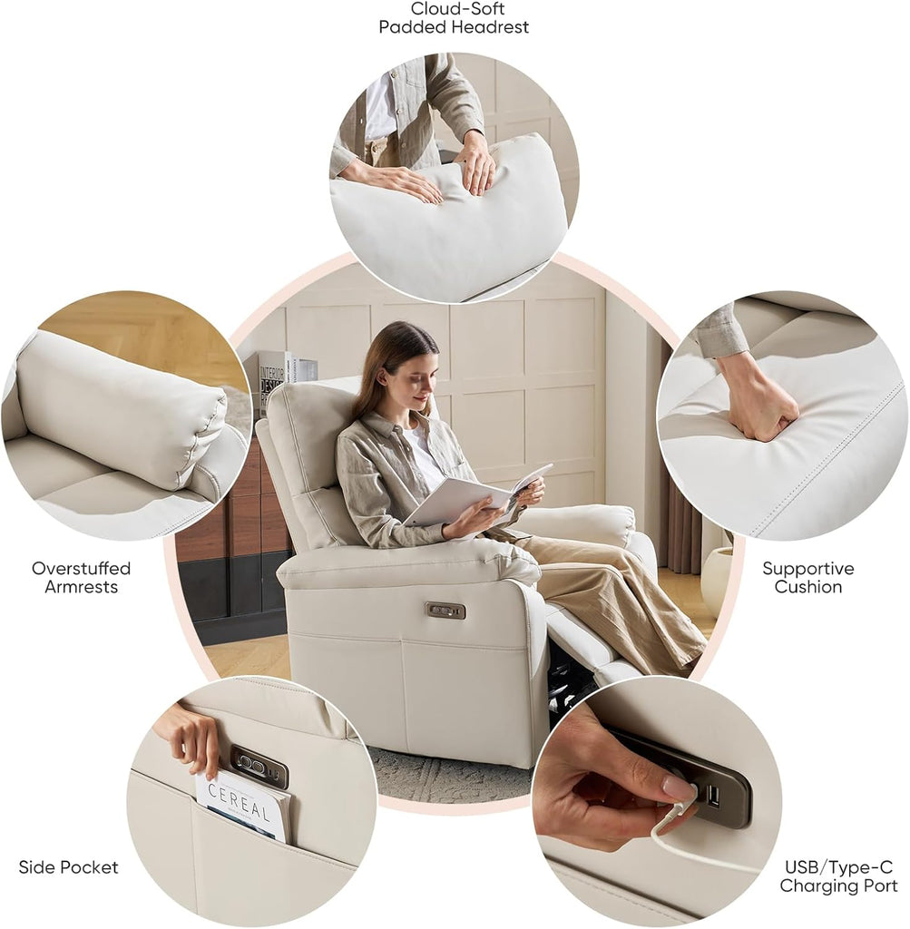 Power Recliner Chair with Adjustable Lumbar Support, Swivel Rocker Recliner with Overstuffed Armrests, Nursery Glider