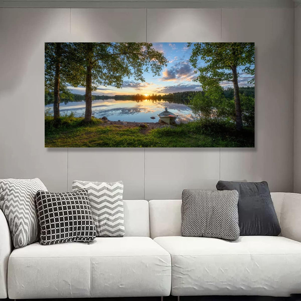 Tree Canvas Wall Art of a Sunrise Over a Forest Lake Nature Inspired Painting Perfect for Wall Decoration