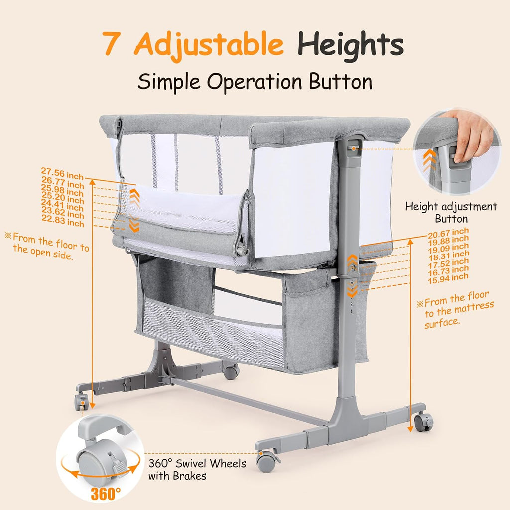 Bedside Bassinet for Baby, Portable Baby Bassinet Bedside Sleeper for Newborn Infants with Wheels Storage Basket