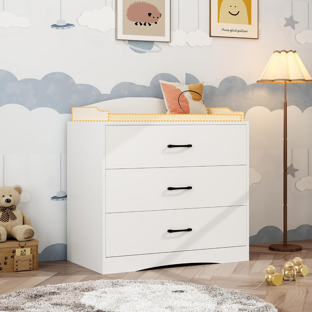 3 Drawer Nursery Dresser, Baby Dresser with Changing Topper, Small Dresser for Infant Diaper Storage, Changing