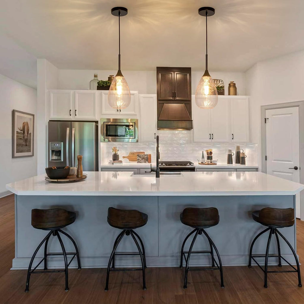 6.3" Glass Pendant Lights Kitchen Island,Modern Black Pendant Lights with Clear Water Ripple Glass Shade,1-Light