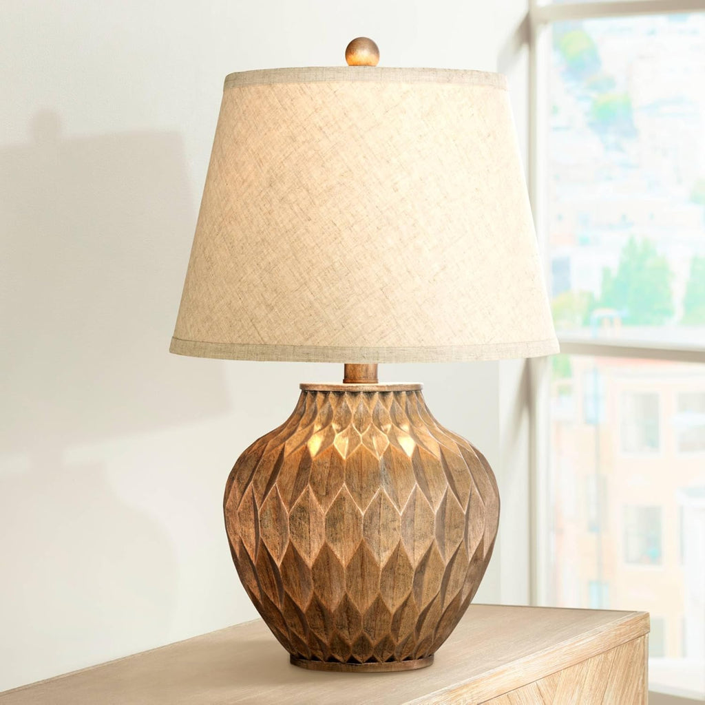 Buckhead Modern Accent Table Lamp 22" High Warm Bronze Brown Sculptural Geometric Textured Urn Tapered Fabric Drum