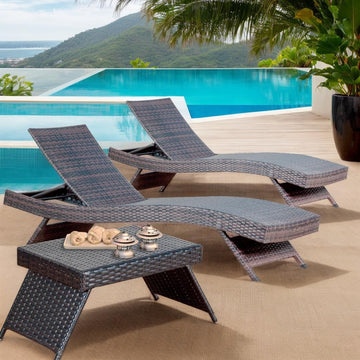 Outdoor Wicker Reclining Lounge Chairs Patio Rattan Chaise Lawn Sunbathing Chairs 79" Long Reclining Chairs, Set of 2