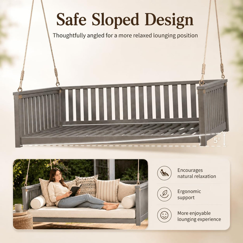 Twin Size Acacia Wood Hanging Swing Bed with Ropes, Outdoor Porch Daybed , Garden & Backyard, Minimalist Wooden Swing