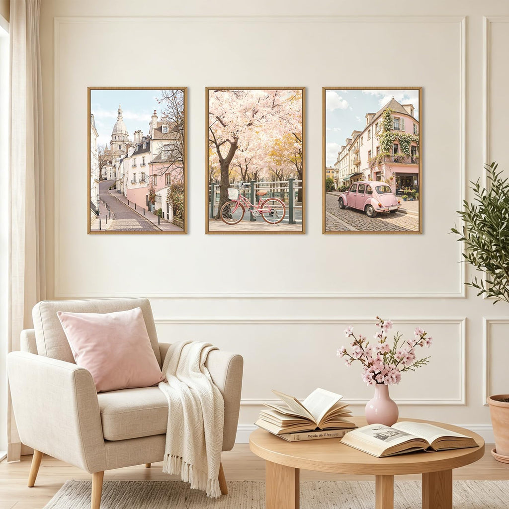 Vintage Italy Cityscape Framed Canvas Wall Art Set, Romantic Flower Street Wall Decor, Pink Bike Car Wall Painting