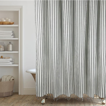 Modern Transitional Stripe Shower Curtain with Tassels - Vertical Off White/Cream with Black Striped Lines, 72" x 72"
