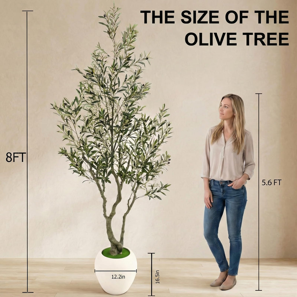 8ft Faux Olive Tree Artificial Indoor, Fake Olive Tree with Pot, Large Olive Branches and Lifelike Fruits, House Living