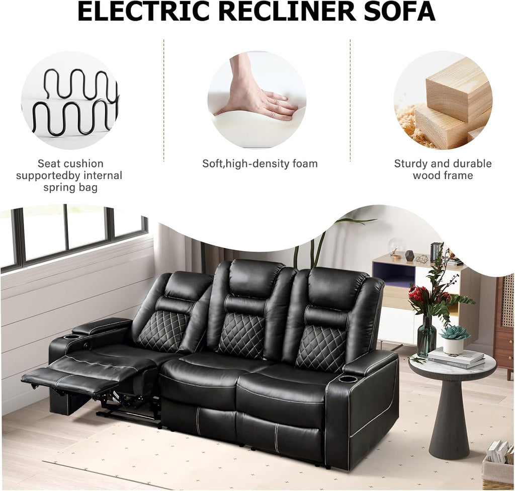 Home Theater Seating Seats, Theater Recliner Chair Sofa, PU Leather 3 seat Power Recliner Sofa with Cup Holders