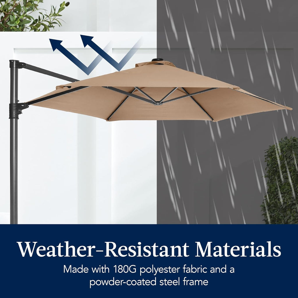 10ft Solar LED Offset Cantilever Hanging Market Patio Umbrella, Smooth 360° Rotation, 8 Sturdy Ribs, Easy Adjustment