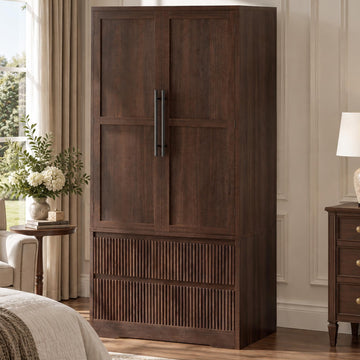 Farmhouse Armoire Wardrobe Closet with 2 Fluted Drawers & 2 Doors