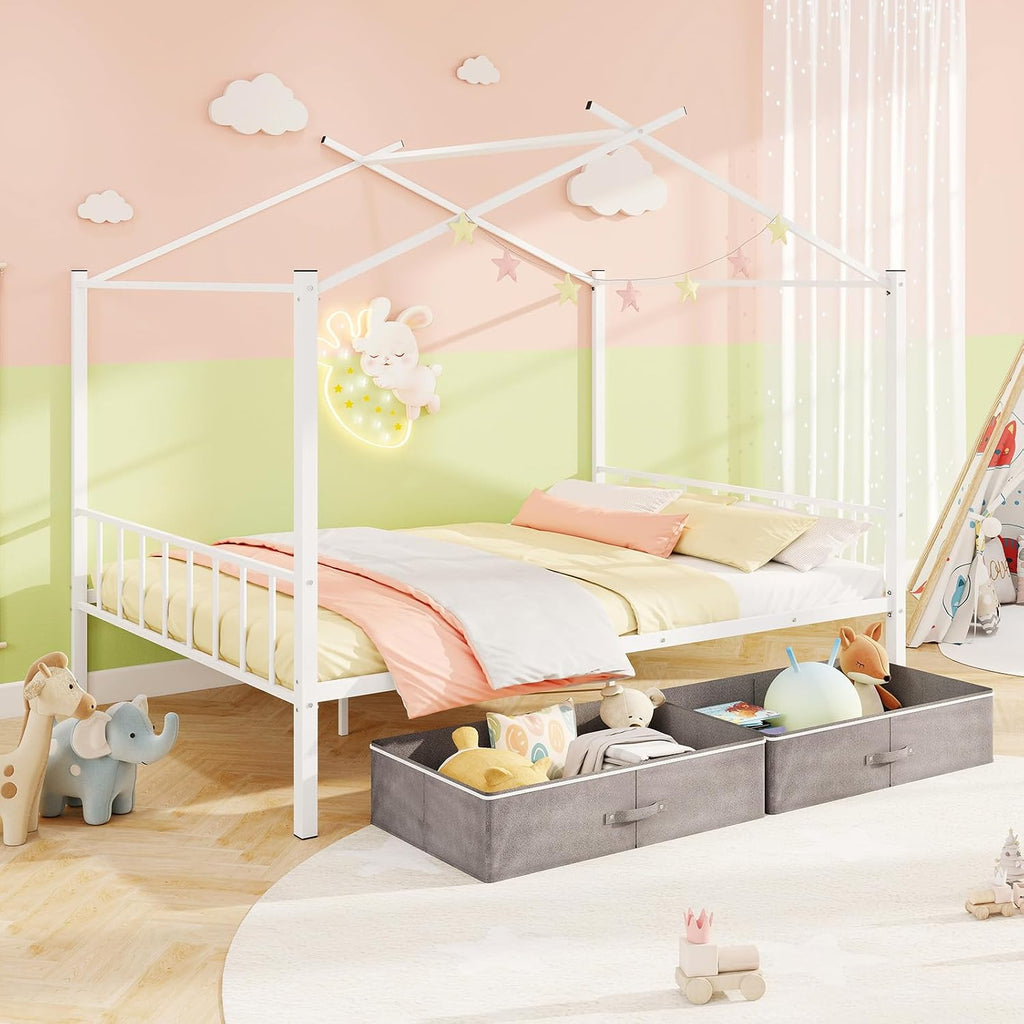 Full Size House Bed with 2 Storage Drawers, Metal Montessori Bed Frame with Headboard & Footboard, Full House Beds