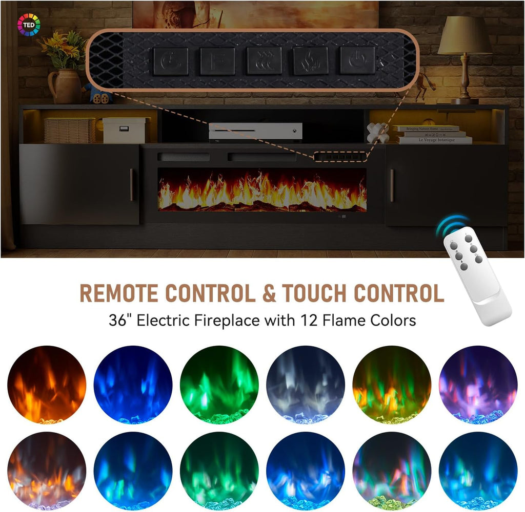 70" Fireplace TV Stand with Power Outlet for TVs UP to 80", Electric Fireplace Entertainment Center with LED Lights & Storage Cabinets, TV Console for Living Room, Office, Black-Black