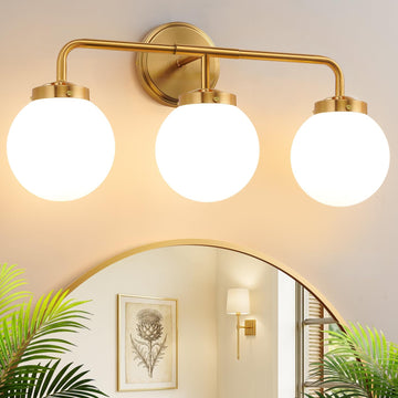 Modern Brushed Gold Vanity Lights , Mid Century 3 Light Bathroom Vanity Light with Globe Milky White Glass Shade Over