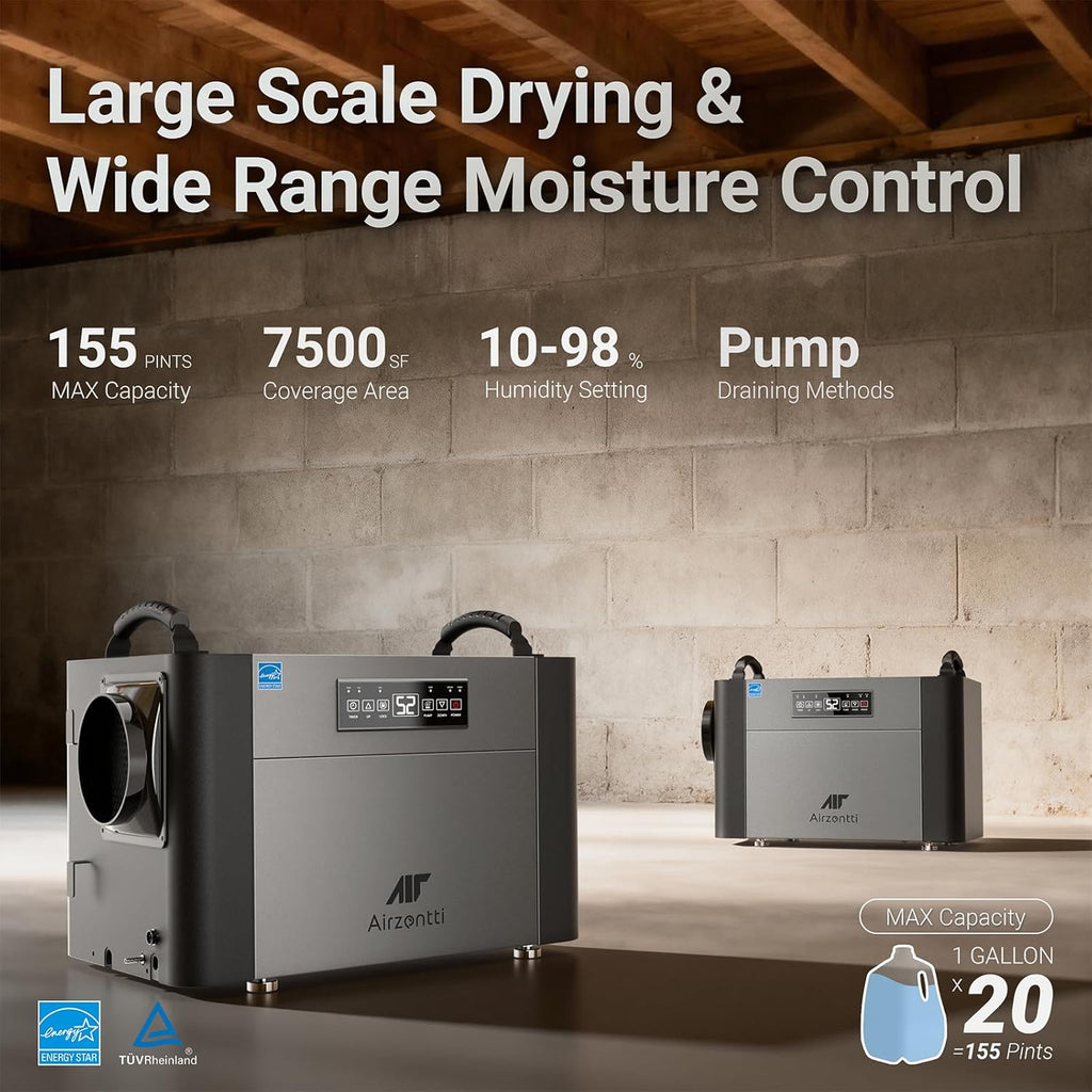 155 Pints Commercial Dehumidifier for Basement with Pump and Drain Hose, Large Space Dehumidifier for Crawl Space