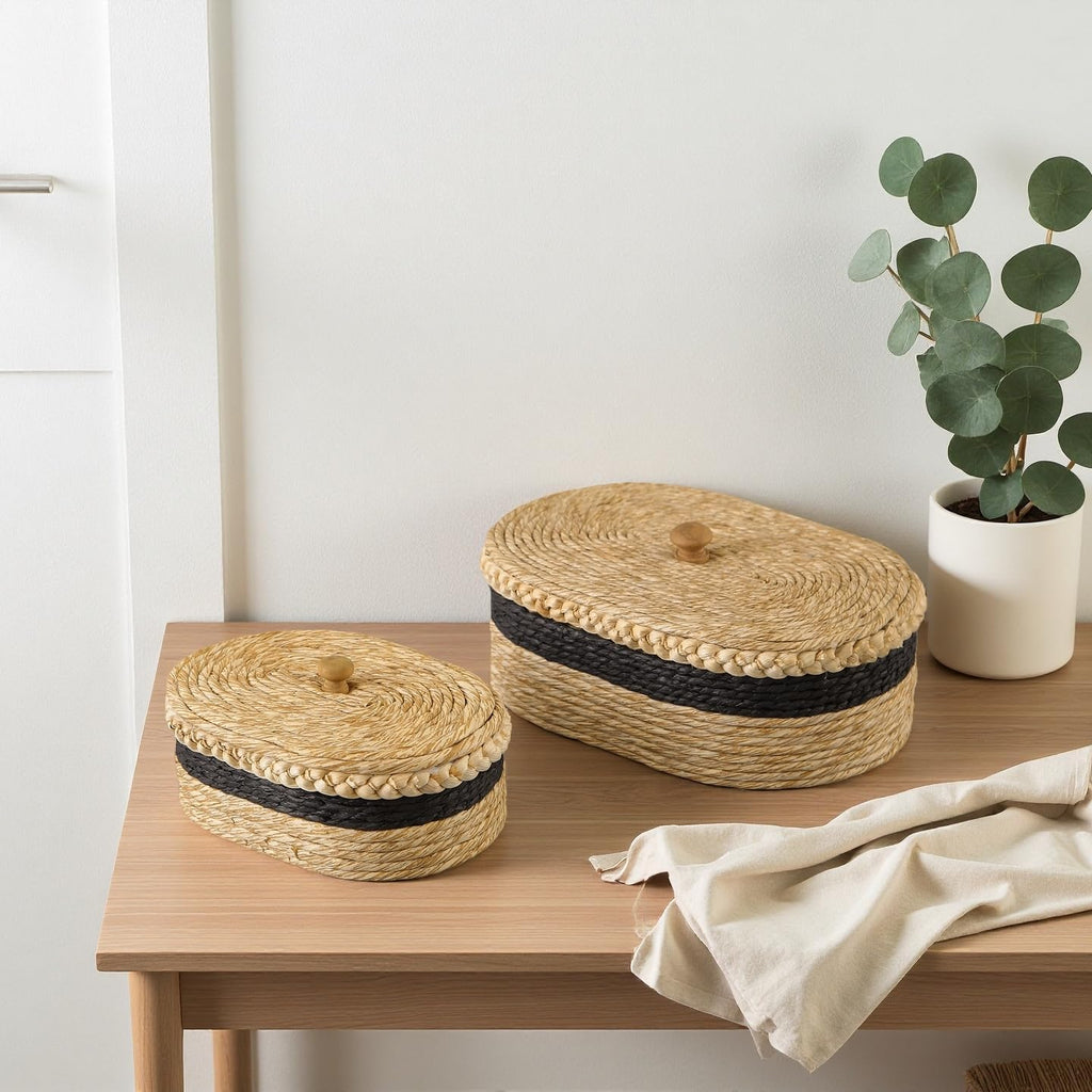 Set of 2 Woven Basket with Lid, Oval Decorative Storage Rattan Box for Shelf Decor/Organization, Boho Jewelry