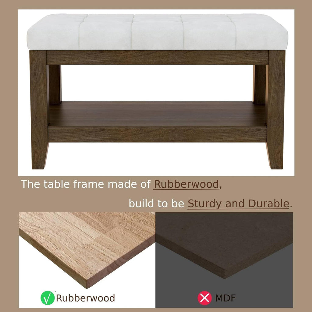 Solid Rubber Wood Shoe Bench, Soft Chenille Material Upholstered Seat, 770LB Load Capacity, Multi-Storage