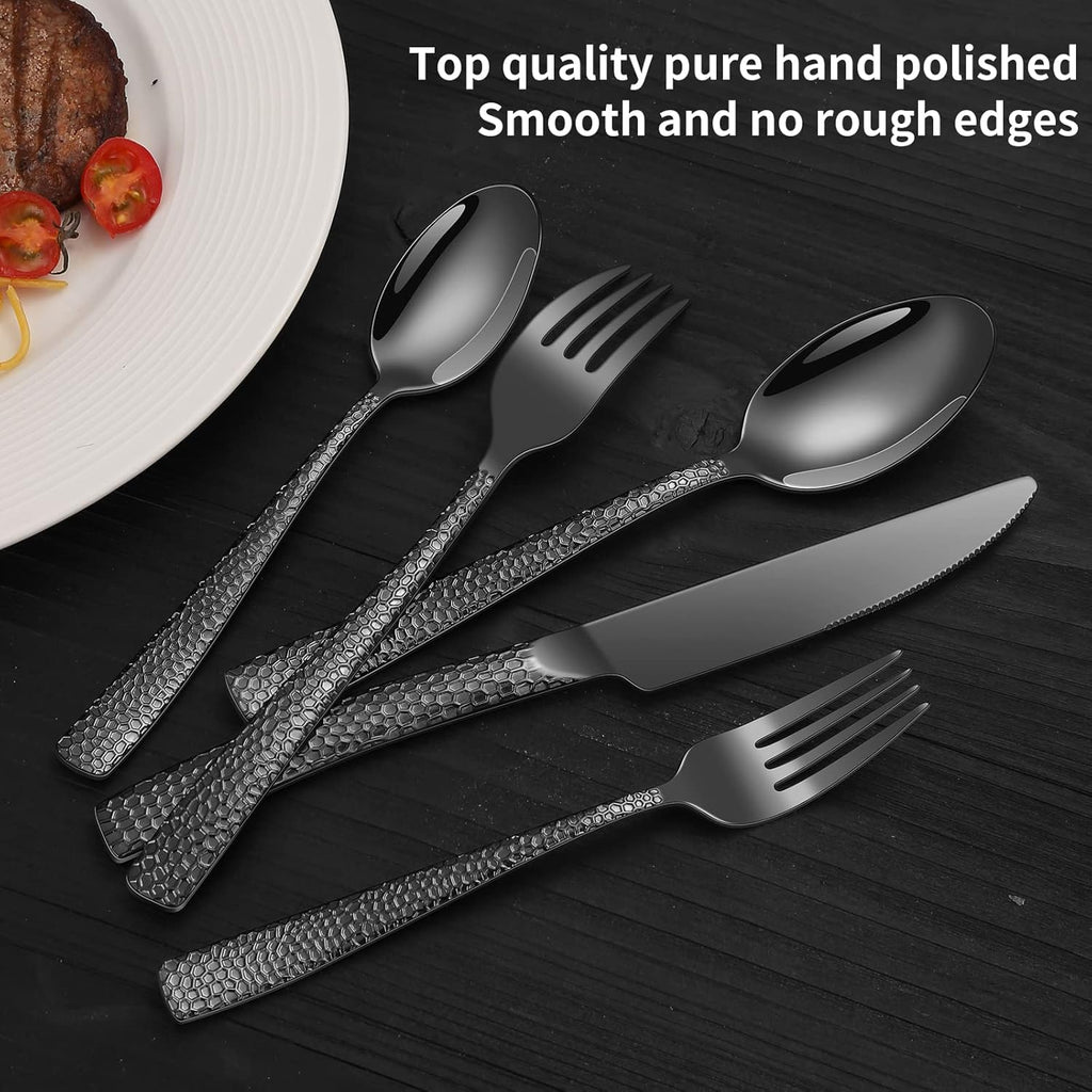 20-Piece Silverware Set, Black Hammered Stainless Steel Flatware for 4, Food-Grade Tableware, Including Fork, Knife