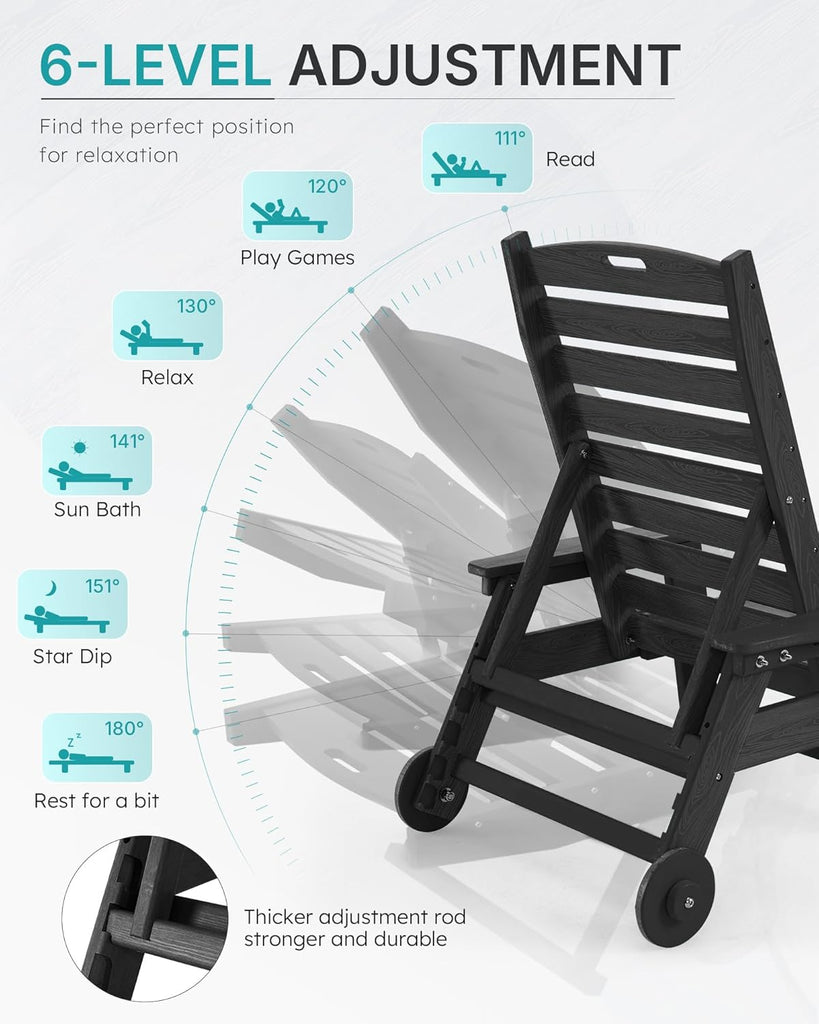 Patio Chaise Lounge Chair Set of 2, Oversize Lounge Chairs with Wood Texture& Rolling Wheels, HDPE 6-Position Plastic