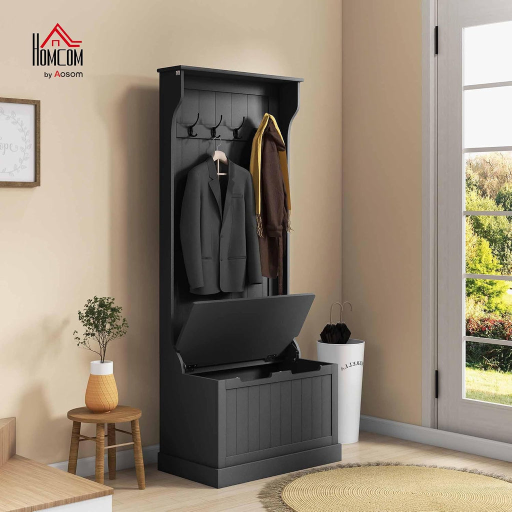 Hall Tree with Bench and Shoe Storage, 3-in-1 Entryway Bench with Coat Rack, 4 Hooks and Flip Top Storage