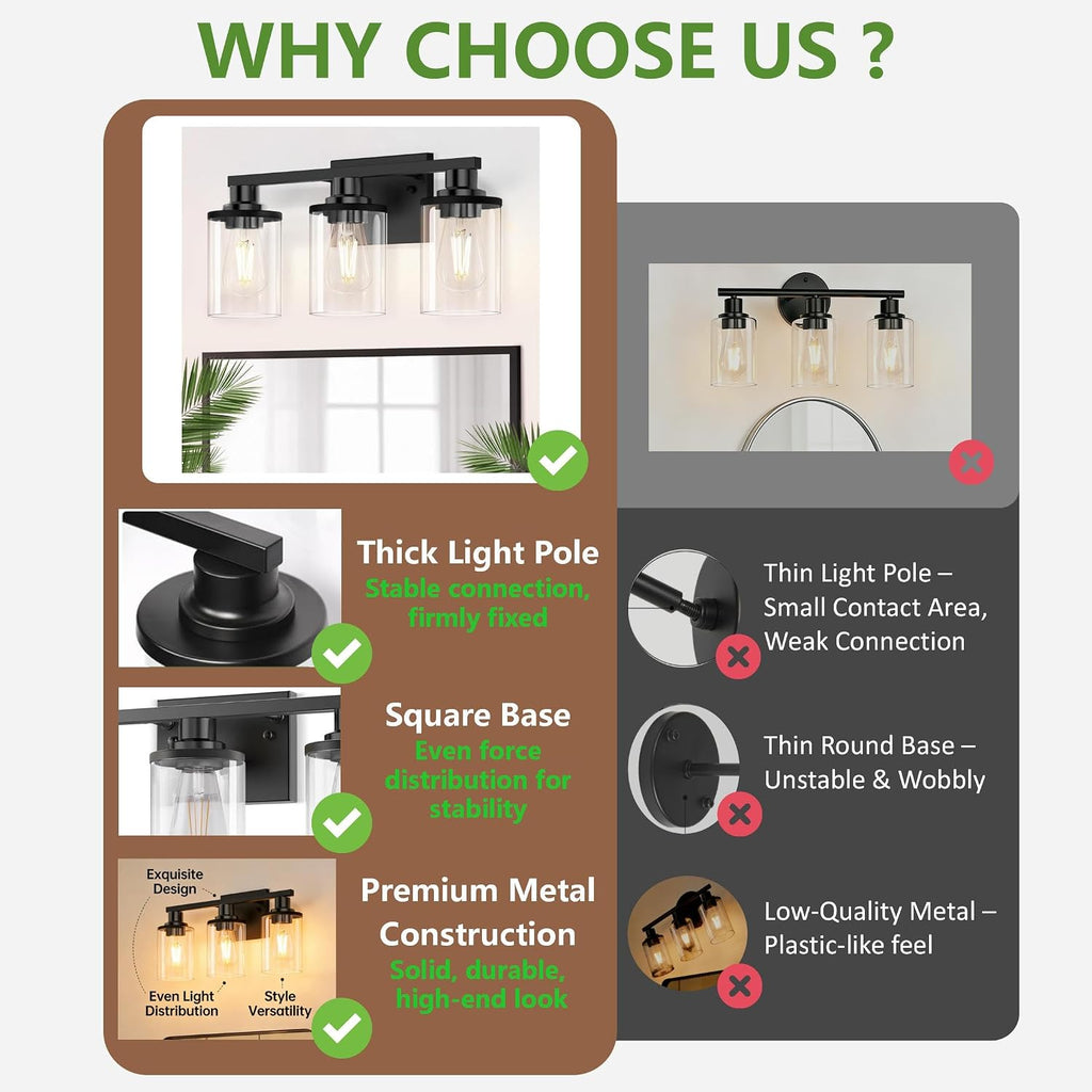 17 Inch Bathroom Light Fixtures, 3-Light Black Bathroom Lighting Fixtures Over Mirror with Clear Glass Shade, Vanity