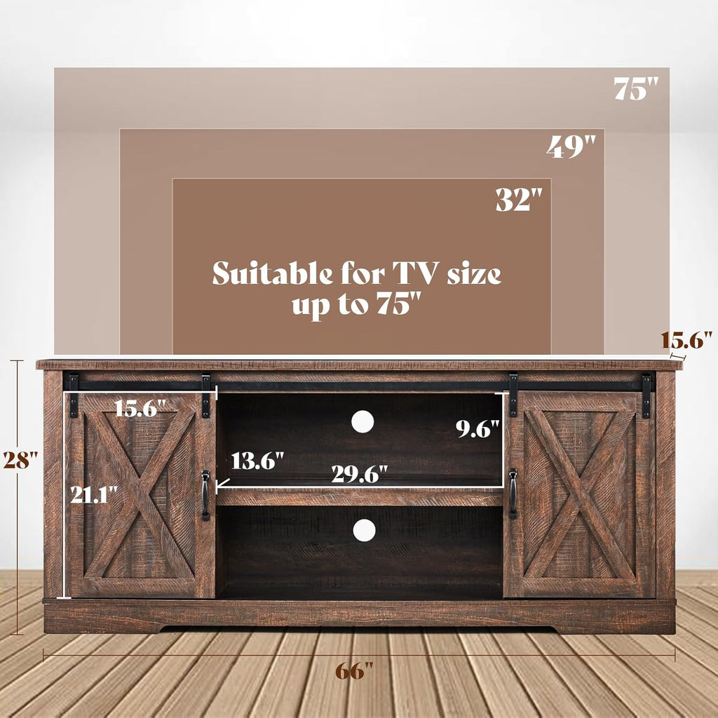 66" TV Stand for 65 Inch TV, Farmhouse Entertainment Center with Storage Cabinets and Adjustable Shelf & Feet, Modern