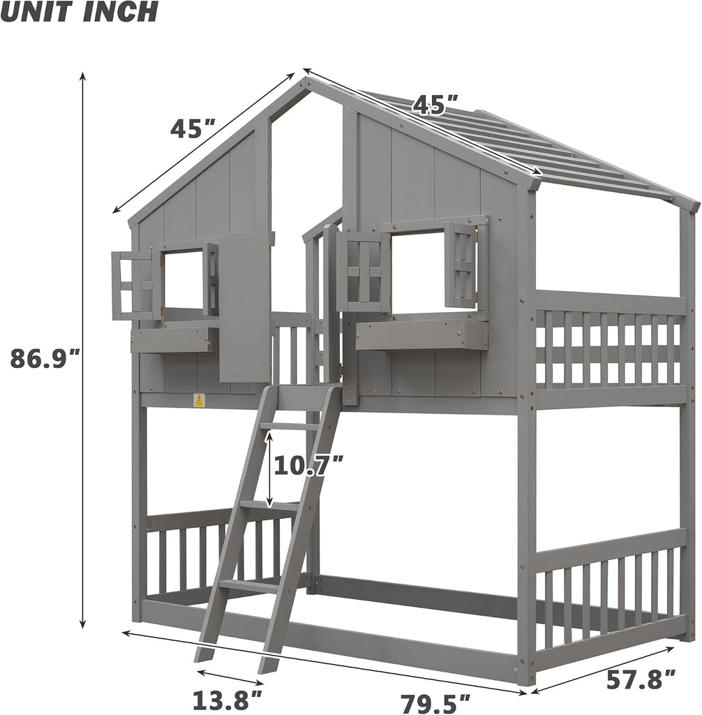 Twin Over Twin Low House Bunk Bed with Roof, Window and Built-in Window Box, Wooden Floor Playhouse Bed Frame with