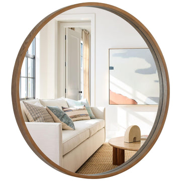 Round Wood Mirror, 36" Round Modern Decoration Large Circle Wall Mirror Living Room Bedroom Entryway, Walnut