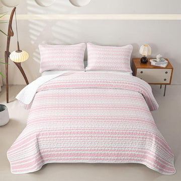 Pink Striped Quilt Set, Farmhouse Ticking Stripes Quilt Modern Geometric Lines Bedspread Coverlet with