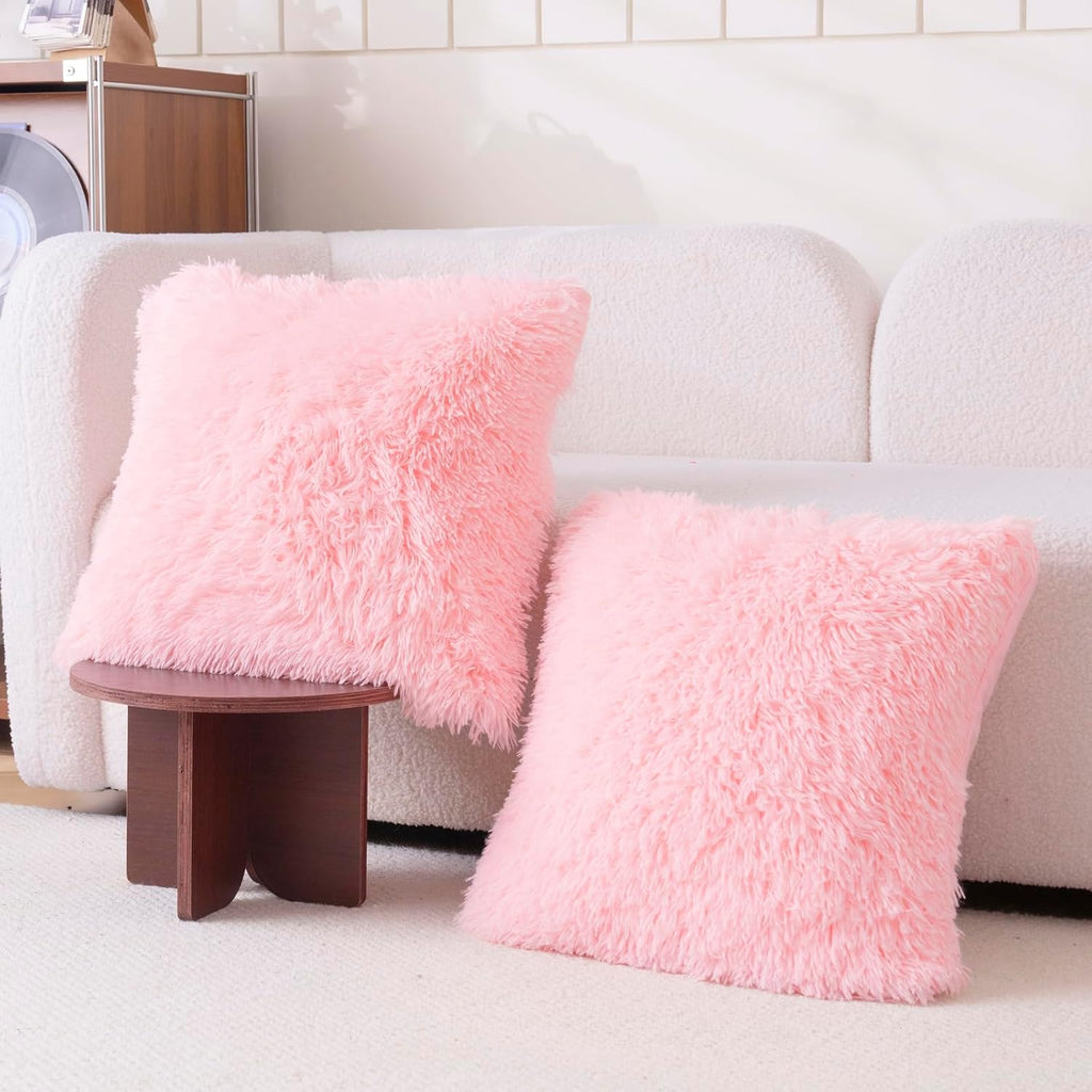 Faux Fur Pink Throw Pillow Covers, Fluffy Soft Fuzzy Decorative Pillow Cases Cute Pillowcases, Zipper Closure, Set of
