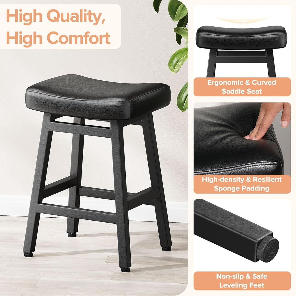Counter Height Bar Stools Set of 2, 24 Inch Barstools Counter, Kitchen Stools with Bonded Leather Saddle Seats