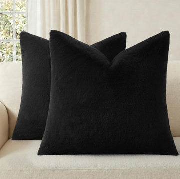 Faux Fur Plush Throw Pillow Covers 18x18 Set of 2, Luxury Soft Fluffy Cozy Decorative Pillow Covers, Black