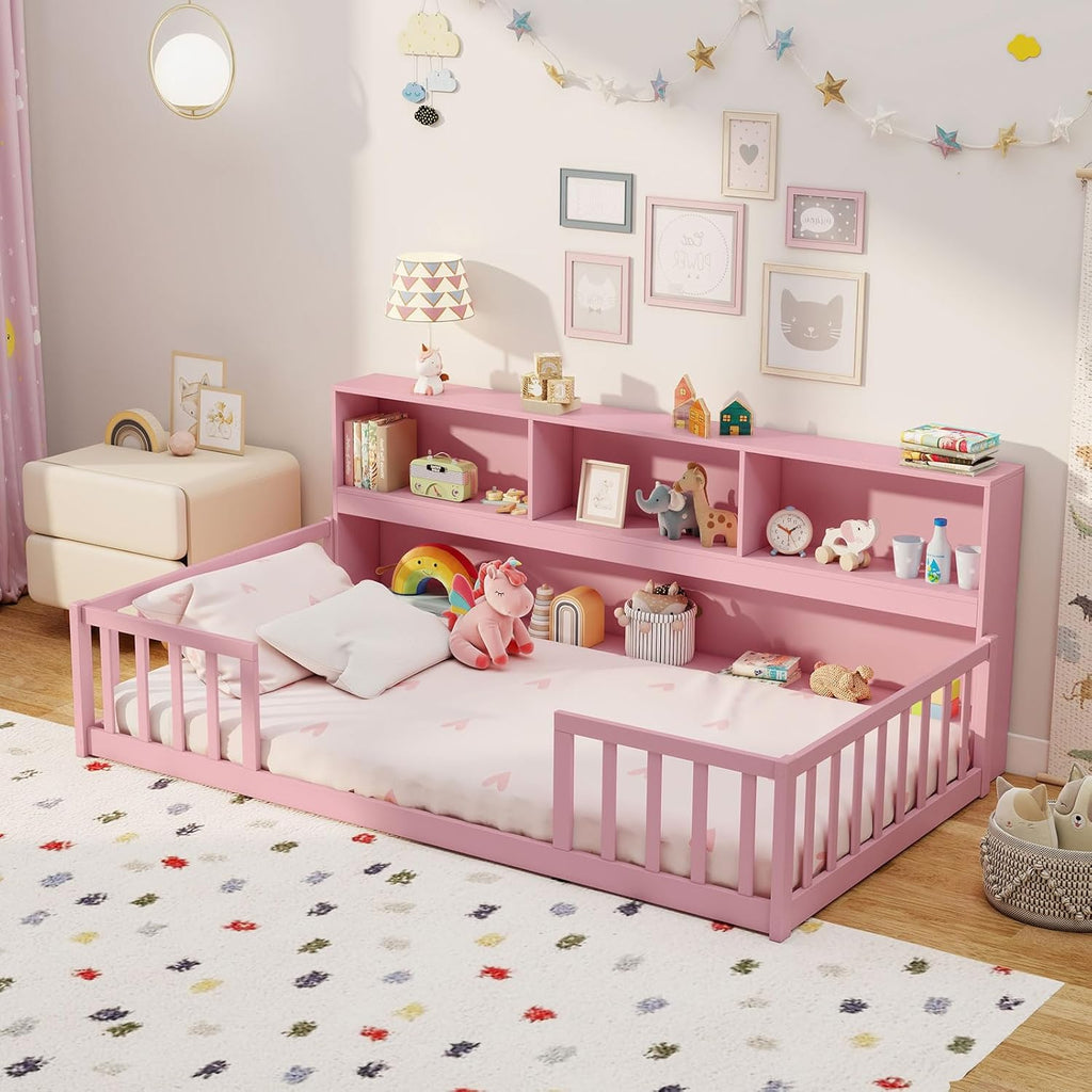 Twin Floor Bed for Kids, Wooden Montessori Bed Frame with Bookcase, Storage Shelves & Safety Fence Rails, Floor Beds
