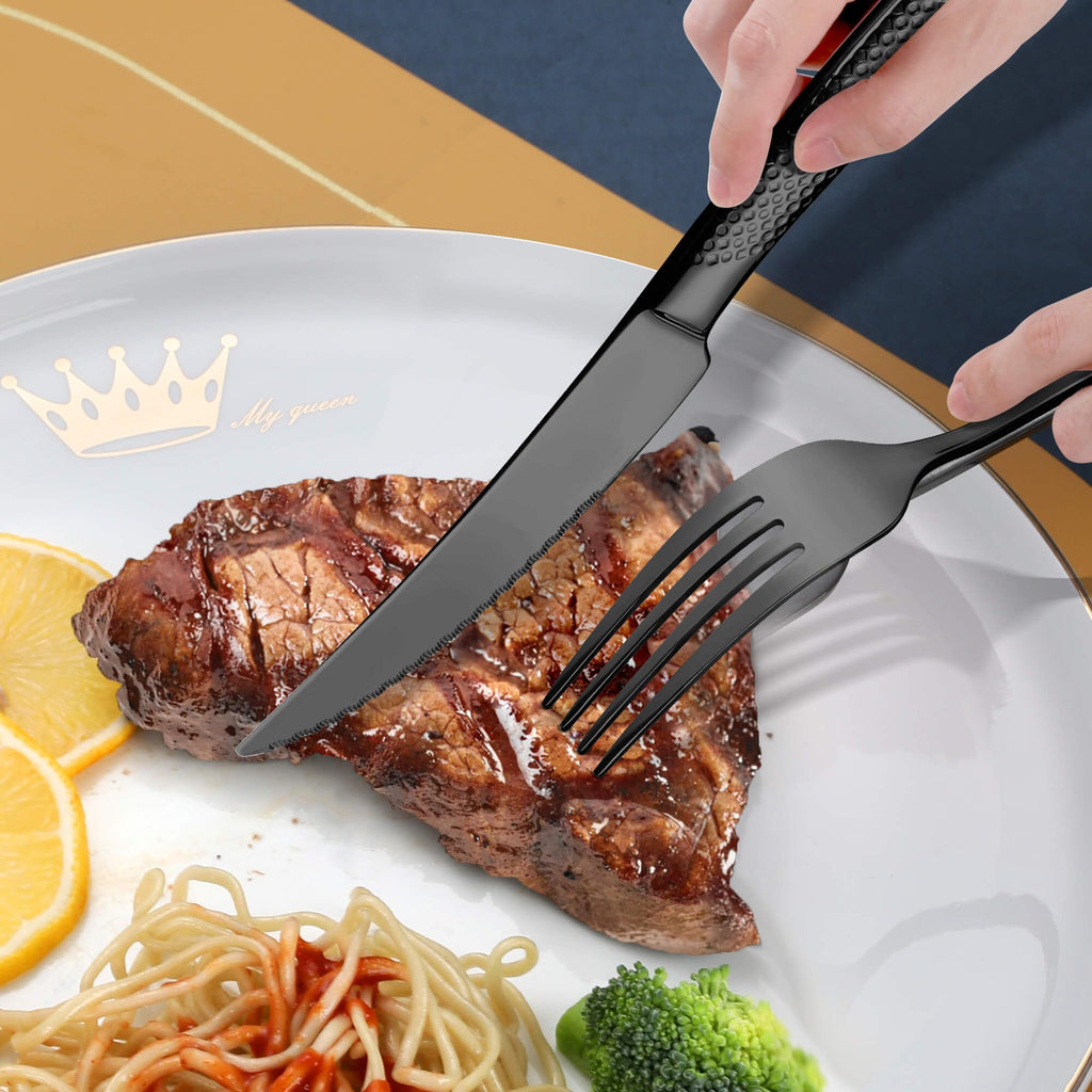 Hammered 30-Pieces Set Black Silverware Set for 6 with Serrated Forging Knives,18/10 Stainless Steel Modern Flatware