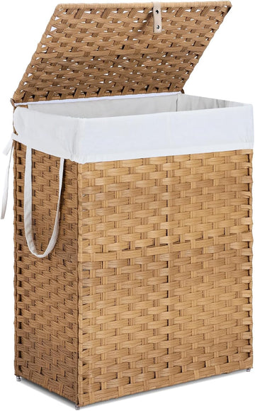 Laundry Hamper with Lid, 90 L Rattan Clothes Laundry Basket with Lid and Handles, Foldable Clothes Hamper, Removable