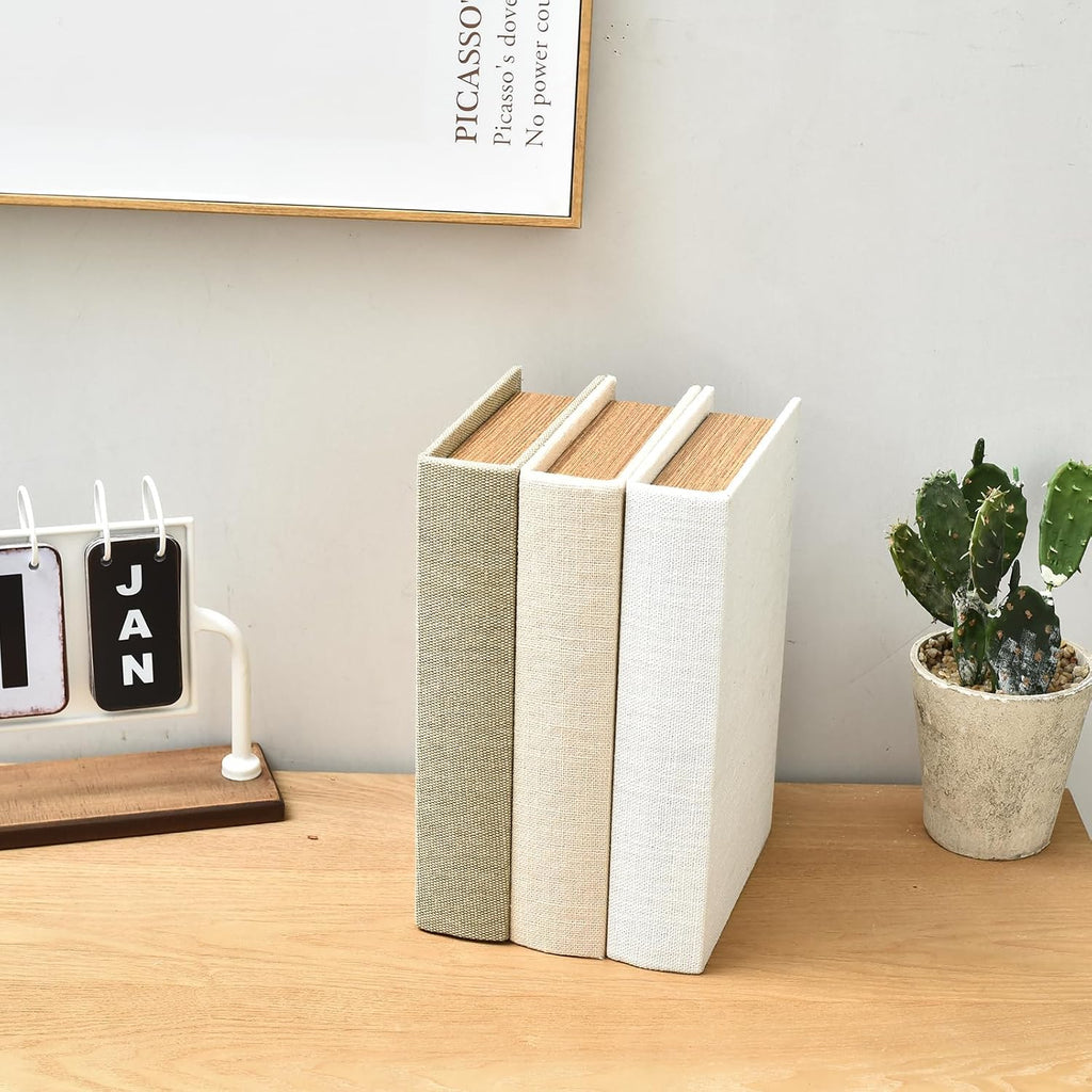 Modern Linen and Wood Decorative Faux Book Boxes Set of 3,10", Taupe,Beige,Off White