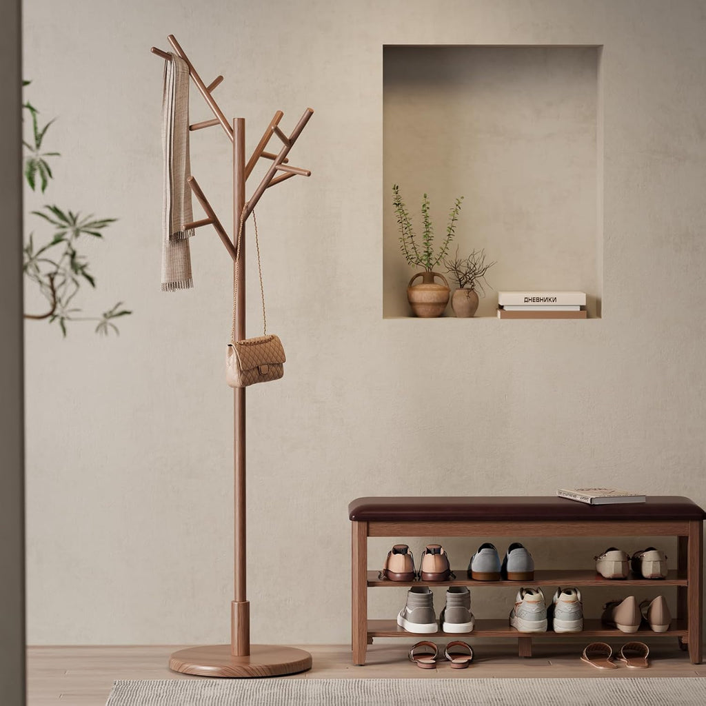 Coat Rack, Solid Wood Coat Rack Freestanding With 12 Hooks, Coat Tree Freestanding Heavy Duty 3 Adjustable Heights