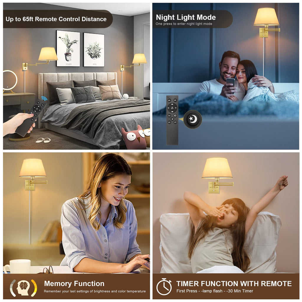 Remote Control Dimmable Wall Sconce, Adjustable Color Temperature 2700K-6500K Brushed Brass Swing Arm Wall Lights