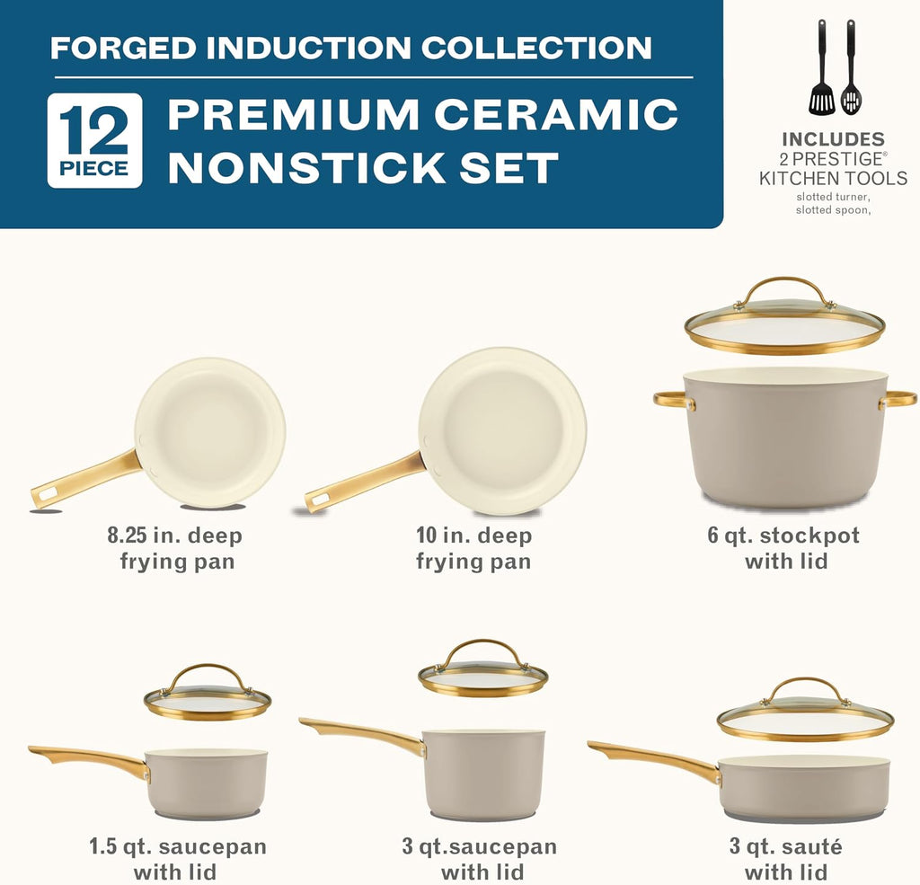 Forged Induction Ceramic Nonstick Cookware Set, 12-Piece, Taupe Pots & Pans
