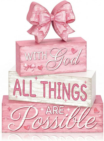 Tiered Tray Decor Set, , Wooden Table Sign, Pink Bow - Set of 4