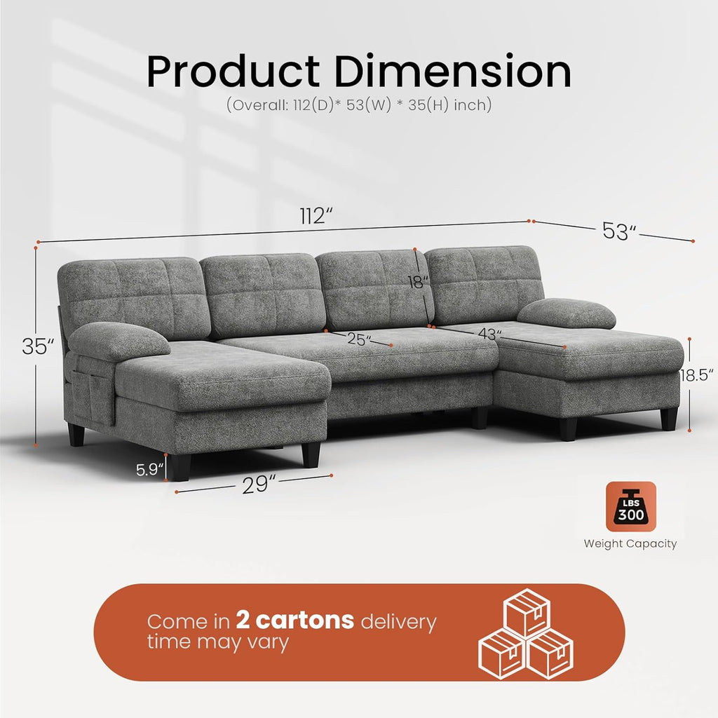 U-Shaped Sectional Couch , 112" Sectional Sofa with Double Chaise, Modern Sofa Deep Seat Couches , Grey