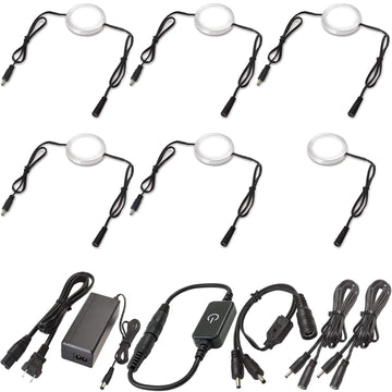 Under Cabinet LED Pucks 120V Hardwired, Touch Dimmer, 6 Lights, Daylight