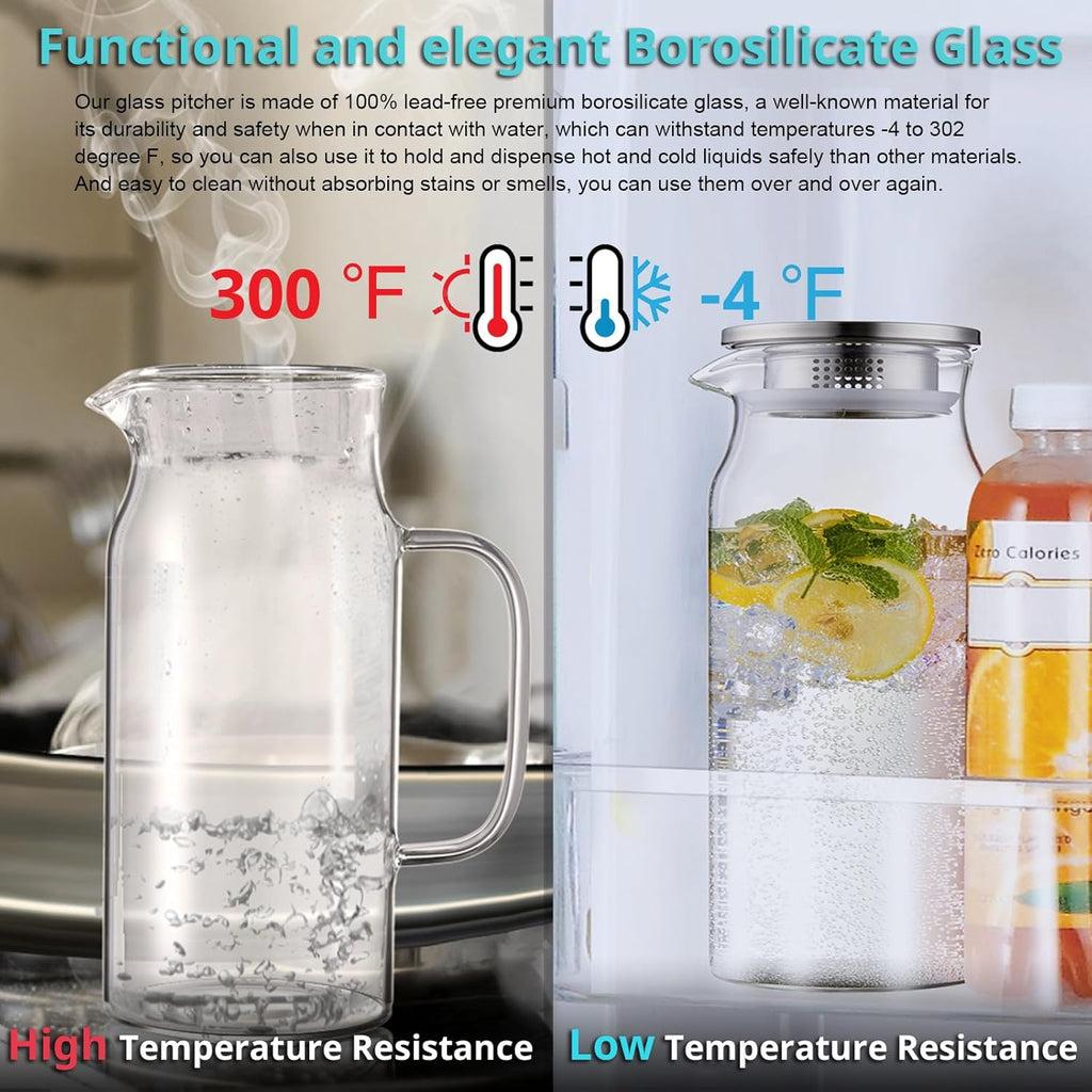 2 Liter 68 oz Glass Pitcher with Lid and Handle, Glass Carafe for Hot/Cold Water, Large Iced Tea Pitcher for Coffee