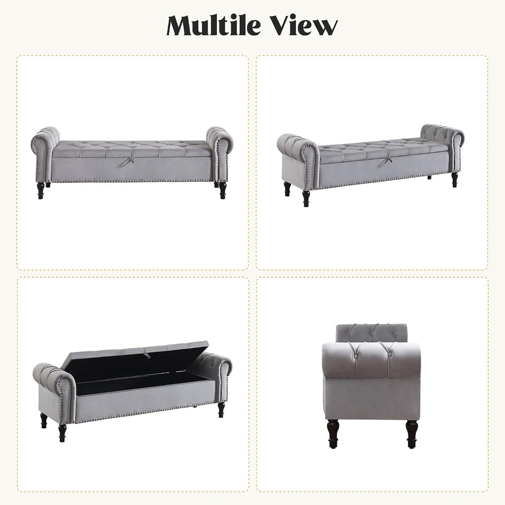 Velvet Storage Bench 67 Inch Upholstered Tufted Ottoman Bench with Arms King Size End of Bed Bench Living Room