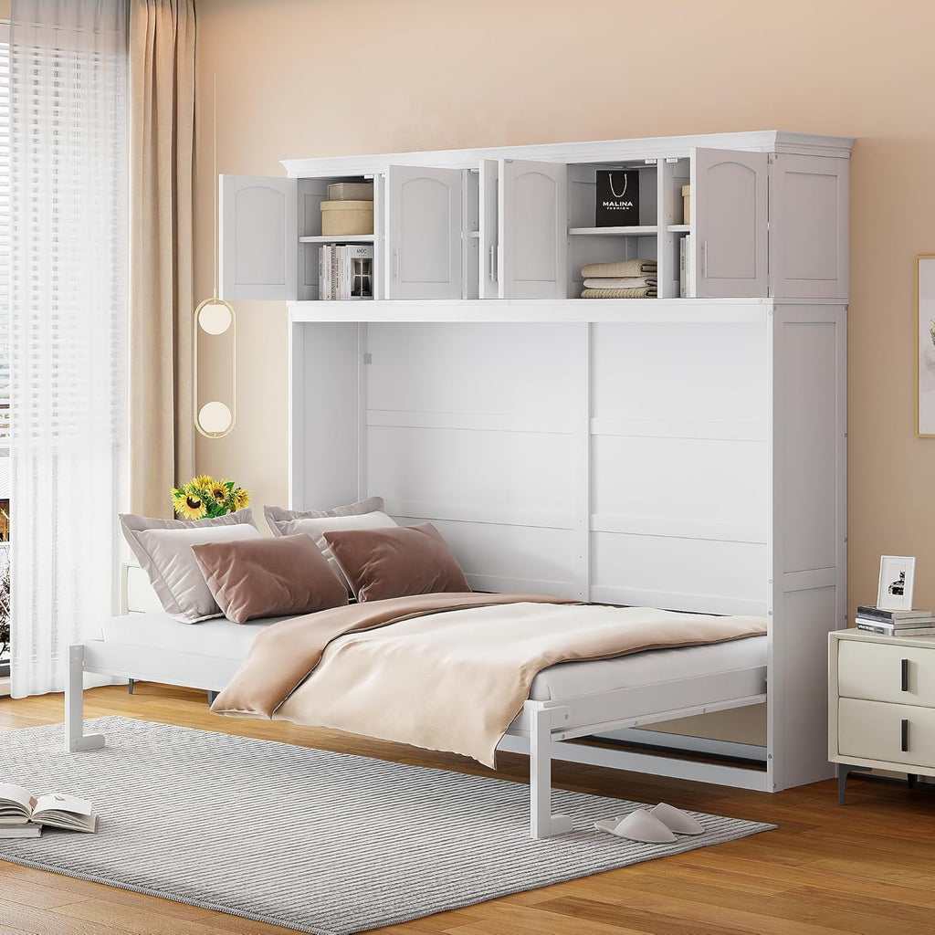Queen Horizontal Murphy Bed with Storage Cabinet,Wood Folding White Murphy Wall Bed for Adult