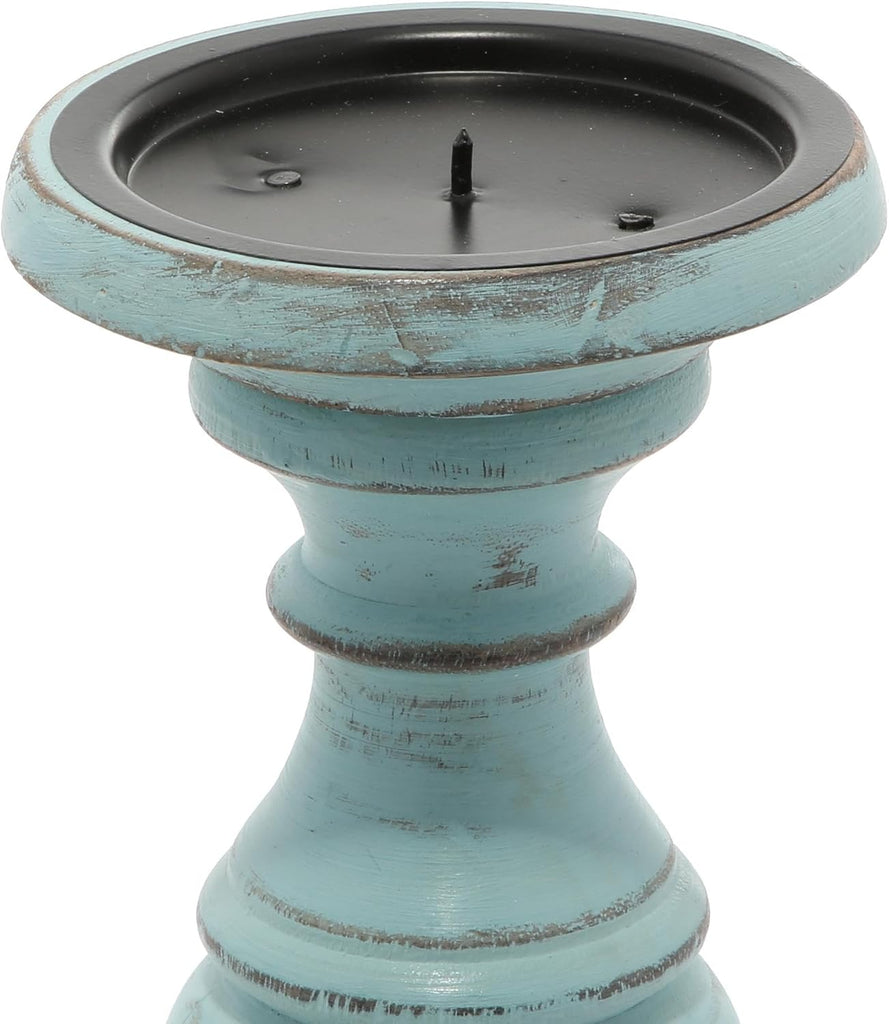 79 Mango Wood Decorative Candle Holder Distressed Turned Pillar Candle Stand, Set of 3 Candlestick Holder 6", 8"